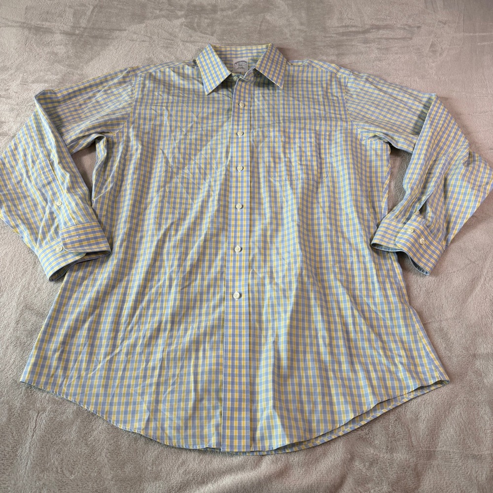 Brooks Brothers 346 Mens 16-2/3 Slim Fit Non-Iron Cotton Check Shirt Blue Yellow